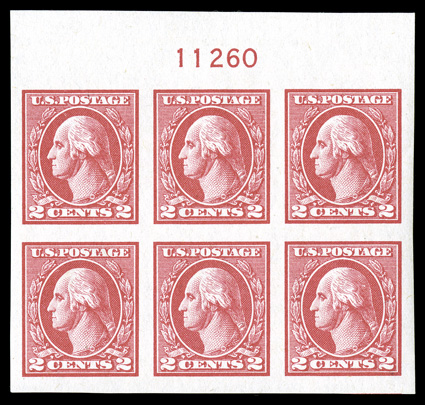 533, 2c Carmine offset imperforate, Ty. V, choice top margin plate no. 11260 block of six, with oversized margins all around, rich color on crisp clean paper without any of the
usual paper inclusions, immaculate o.g., n.h., extremely fine ex-