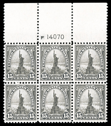 566, 15c Gray, a highly select full top margin plate no. F 14070 block of six, being one of the nicest never hinged full top examples of this plate block we have seen,
wonderfully well centered, deep rich color, immaculate o.g., n.h., an extreme