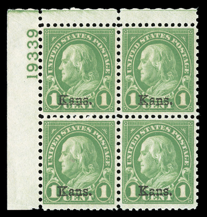 658, 1c Kans. ovpt., choice top left corner margin plate no. 19339 block of four, wonderfully well centered for this, vivid rich color, crisp and intact, o.g., n.h., extremely
fine ex-Gray.