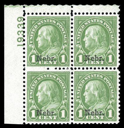 669, 1c Nebr. ovpt., top left corner margin plate no. 19339 block of four, incredibly well centered and margined, gloriously rich color, pristine o.g., n.h., extremely fine
despite being the lowest denomination of the set, this plate block is