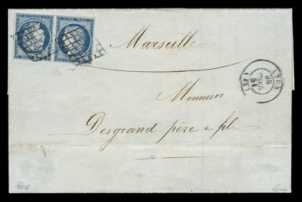 6c, 1849 25c Blue on yellowish, tete-beche, a superior quality horizontal face to face tete-beche pair, with mostly large margins to quite ample at top, luxuriant rich color,
tied by mute lozenge grid to fresh 1851 folded letter to Marseille,