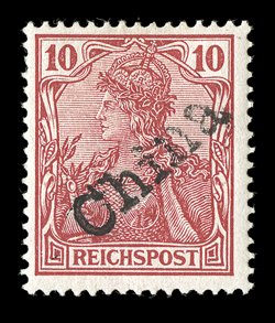 19, 1900 10pf Carmine, with diagonal China handstamped overprint, rich color, o.g., small h.r., very fine and scarce signed W. Brandes, Champion and Dr. Oertel, as well as
being and accompanied by a 1995 Jakubek certificate (Michel 10 Ç1,20