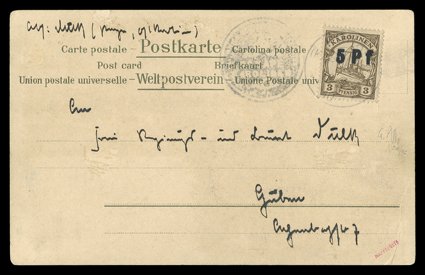 20, 1910 3pf Brown, with 5 Pf handstamped provisional surcharge, excellent centering and fresh color, tied to handsome multicolored Gruss aus Jaluit picture post card by
Ponape, (Karolinen)12.710 first day of issue datestamp, with ligh