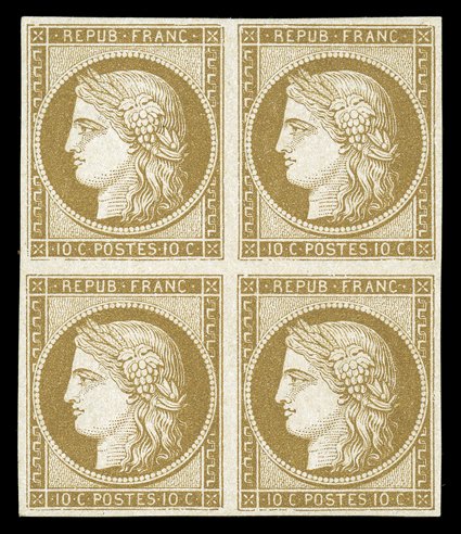 1, 1850 10c Bister on yellowish, a handsome and scarce unused block of four, with uniformly large margins all around, plus its color is sumptuously rich and the paper is
immaculate, fresh and very fine signed Calves and accompanied by his 1973