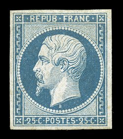 11, 1852 25c Blue on bluish, select mint single, with generous even margins all around, rich fresh color on crisp clean paper, original gum, choice very fine signed A. Diena and
accompanied by a photocopy of his 1971 certificate (Yvert 10 Ç3,