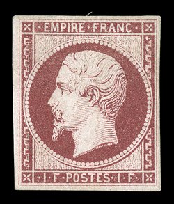 21, 1853 1Fr Lake on yellowish, an especially desirable mint example of this very scarce and difficult high value, with characteristic intense color and strong impression on
uncommonly fresh paper, four large margins, full original gum, small h.