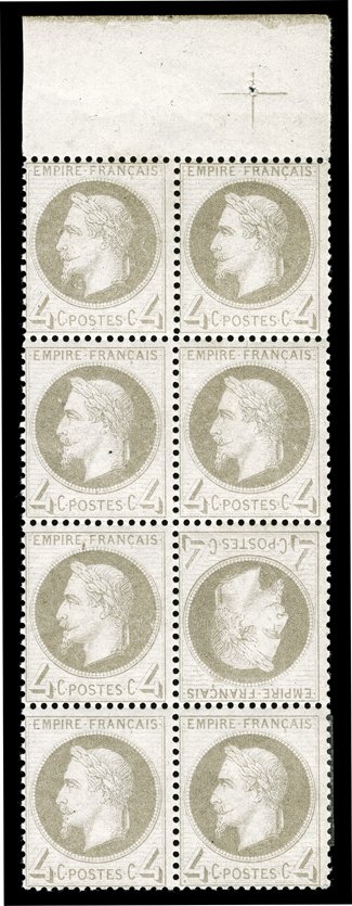 31a, 1863 4c Gray, tete-beche, a truly amazing top sheet-margin mint block of eight (2x4) showing the guide cross in the selvage, position six in the block the inverted cliche,
incredibly fresh, with strong and intact perforations throughout, pr