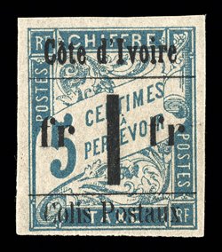 Q14, 1903 fr 1 fr Surcharge on 5c Blue, Ty. IV ovpt., an exciting mint example of this great Parcel Post rarity, four ample to mostly large margins, rich fresh color, full
original gum, lightly hinged, very fine a stamp that is missing from