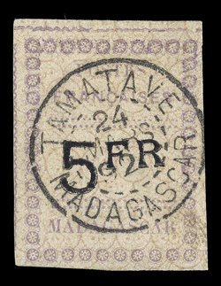 13, 1891 5Fr Violet and black on lilac, an attractive and completely sound used example of this scarce high value, large margins all around, strong color on fresh paper, neat
centrally struck Tomatave24 Mar 92 datestamp, very fine and choice