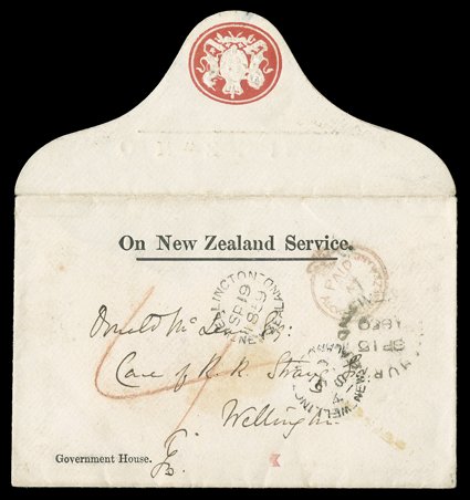 1859 (27 Aug.) On New Zealand Service, Government Service crested envelope from Col. (later Sir.) Thomas Browne (initials in lower left corner), 4th. Governor of New Zealand,
Auckland to Donald Maclean, Native Secretary and Chief Land Pur