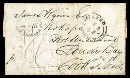 1845 (1 Feb.) entire from Adelaide, South Australia per Ann Sarup G Young via Hobart Town to Kokapo Port Underwood Cloudy Bay Cook Strait, rated 6 and 8 and showing
new-zealand double-arc d.s. (23.4) and well