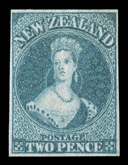 2d. dull blue on bleuté paper, unused with some regumming, good regular margins and of fresh color. A most attractive example of this rare stamp. R.P.S. Certificate (1983).
Sc. 2 S.G. 2, £35,000.
