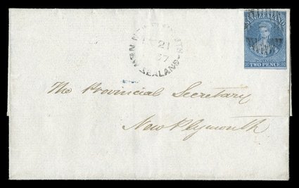 1857 (14 Dec.) entire from Wellington to New Plymouth, bearing 2d. blue with three good to large margins and very close at left, lightly cancelled 10 and with light arrival
c.d.s. (21.12) alongside, despatch c.d.s. on reverse clean and attract