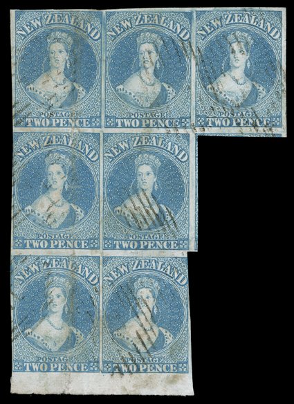 2d. pale blue on hard paper, a marginal block of seven from the foot of the sheet, 5mm. sheet margin at foot and with clear to very large margins virtually all round
elsewhere, cancelled 1 at Auckland some creases, thins and other faults thoug
