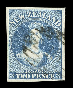 2d. bright blue on soft paper, large margins all round, cancelled 10 very fine. Holcombe Certificate (1988) states that this is from the S.G. 10 group though we believe that
this is much closer to the S.G. 8a deep ultramarine shade.