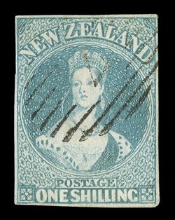 1- blue-green on hard paper, clear to large margins and of good colour, neatly cancelled 7 at Wellington trace of a thin though an attractive example. Holcombe Certificate
(1988). Sc. 10 S.G. 17, £1,700.