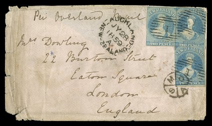 1859 (28 July) envelope (flap missing and some faults) from Auckland Per Overland Mail to London, bearing 2d. pale blue (3) with margins in places (one defective), each
cancelled 1 and with fine despatch c.d.s. alongside, London mso