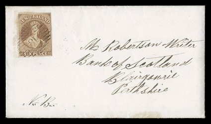 1860 (26 May) envelope (complete with contents) from Dunedin to Blairgowrie, bearing 6d. brown with good to large margins and neatly cancelled 18, the reverse with two Otago
c.d.s. (one partially removed by seal) and arrival c.d.s. (10.8). Sc.