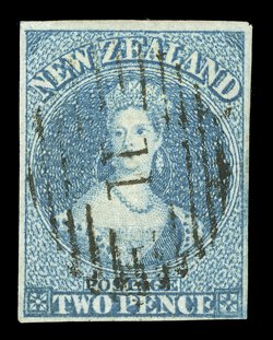 2d. blue on hard paper, three examples showing differing overlaps, the first with four good to large margins (vertical crease) showing sharp impression of the overlap in lower
margin, the second with clear to large margins, neatly cancelled 11