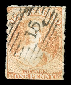 1d. dull orange with roulettes on three sides and neatly cancelled 15 at Nelson some thins though of good appearance. R.P.S. Certificate (1925). Sc. 7a group S.G. 18 group,
£5,500.