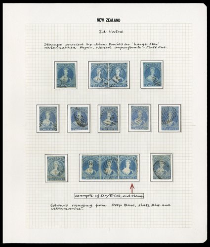 2d. range in a variety of shades and showing various states of plate wear, comprising a strip of three with one showing dry print, two pairs and twenty singles, the majority
with four margins and variously cancelled, a pair and one single being w