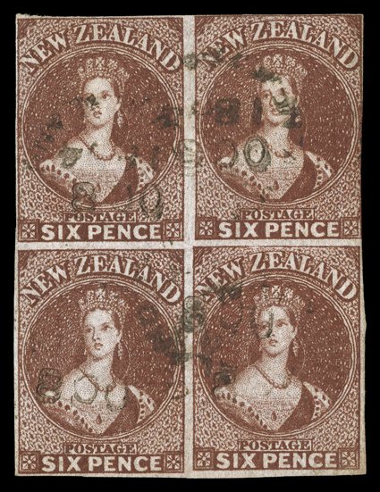 6d. red-brown, a block of four with good to large margins mainly all round, most unusually cancelled with 1864 datestamps a rare and attractive multiple. Sc. 14 S.G. 43.
provenance: H Gordon Kaye, April 1991