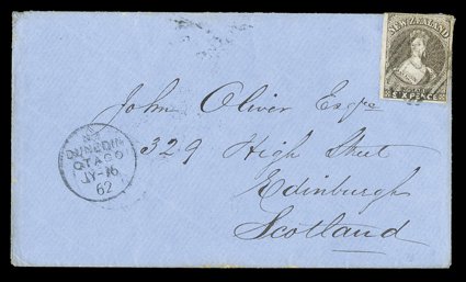 1862 (May) envelope to Ireland and (July) envelope to Scotland, the first from Dunedin bearing 6d. black-brown with small margins and indistinct cancellation, the envelope
front with some recipients notations, the second from East Taieri bearing