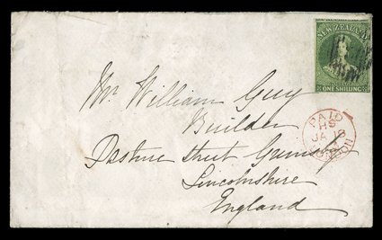 1862 (28 Oct.) ½oz.-1oz. envelope from Auckland to England, bearing 1- deep green with good to very large margins and showing portion of adjoining stamp at top, tied by
numeral cancellation and showing London Paid c.d.s. (18.1) below, despatch a