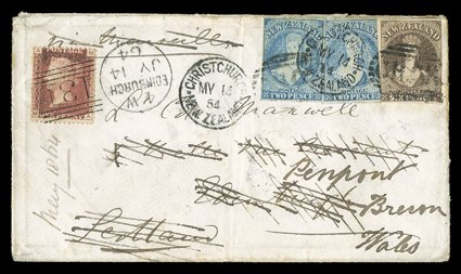 1864 (14 May) envelope (complete with contents including a Return of Sheep) from Christchurch to Edinburgh, bearing 2d. blue, Plate 1, worn (2) and 6d. brown with margins in
places (6d. repaired at lower right) twice cancelled with ch.ch.