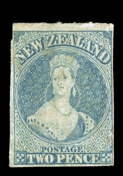 2d. pale blue showing roulettes at top and with a complete line inside design at right, unused with part original gum, quite well-centered with the design intact trace of a
thin, otherwise sound. A rare stamp, particularly so with original gum w