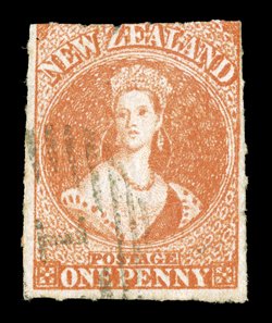 1d. orange-vermilion with roulettes, or traces thereof, on all sides, neatly cancelled 1 at Auckland leaving much of the portrait clear small light corner crease at foot,
otherwise fresh and of fine appearance. Sc. 11b S.G. 47, £800.