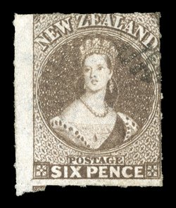 6d. brown with wide margin at left and large margin at foot, roulettes on all sides and with small part cancellation at upper right corner leaving almost entire design clear.
An attractive example of this scarce shade, fully illustrating the ecce
