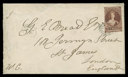 1864 (6 Jan.) envelope from Auckland to London, bearing 6d. red-brown showing roulettes on three sides and clearly cancelled 1, despatch c.d.s. on reverse and reverse image of
arrival c.d.s. on face the envelope repaired at upper left corner a