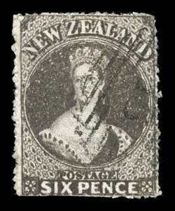 6d. black-brown, an extremely deep shade with perforations nearly all round, neatly cancelled 15 at Nelson an attractive example fully illustrating the intensity of color
associated with this shade. B.P.A. Certificate (1947). Sc. 14b S.G. 63,