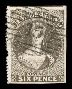 6d. black-brown, a large and well-centered example with well-defined perforations at left, crisply cancelled 15 at Nelson fine and most attractive. B.P.A. Certificate (1995).
Sc. 14b S.G. 63, £1,800. provenance: Maurice Burrus, July 1