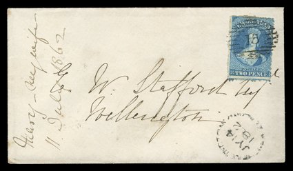 1862 (11 July) envelope from the Stafford correspondence from Nelson to Wellington, bearing 2d. deep blue with perforations and neatly cancelled 15, arrival c.d.s. (14.7)
below. Very fine and a great rarity on cover. B.P.A. Certificate (199
