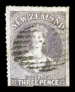 3d. brown-lilac with perforations intact at top and at left, large margin at right and clear at foot, indistinct bars cancellation diagonal crease barely affecting the fine
appearance of this rare stamp. R.P.S.N.Z. (1980) and R.P.S. (2007) Certi