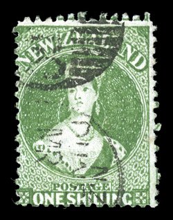 1- dull green cancelled with part Dunedin duplex and 1- deep green cancelled dunedin in bars both fine. R.P.S. Certificate (2007) for each. Sc. 20 group S.G. 78, 79,
£825.