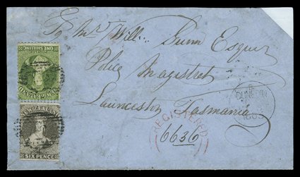 1863 (4 May) envelope (opened-out) registered from Manuerikia Junction, registered to Launceston, Tasmania, bearing 6d. black-brown (imperforate at foot) and 1- yellow-green
each lightly cancelled 024 oval of bars, showing double-arc regis