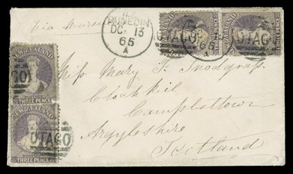 1865 (13 Dec.) envelope from Dunedin via Marseilles to Scotland, bearing 3d. brown-lilac (4) cancelled with otago duplexes and showing, on reverse, Campbelltown arrival c.d.s.
(15.2) one stamp defective though an unusual franking f