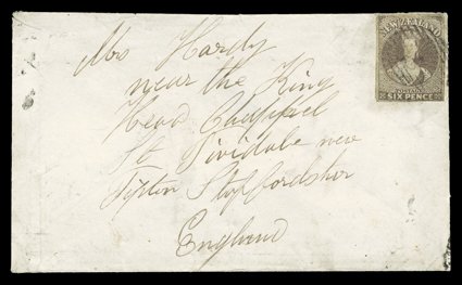 1865 (13 Mar.) envelope from Wellington to Tipton, Staffs., bearing 6d. black-brown with clear to large margins and lightly cancelled, despatch and arrival (20.5) c.d.s. on
reverse the adhesive with some soiling and the envelope with tears on fl