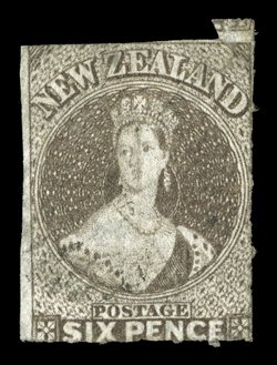 6d. black-brown, a small example showing traces of roulettes and eccentrically severed at upper right corner, lightly cancelled, sound. R.P.S.N.Z. Certificate (1969). Sc. 24b
S.G. 88, £485.