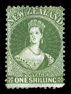 1- deep green, unused without gum and quite well centered for this notoriously difficult stamp some slight staining although the color remains strong, a few pulled perfs. at
foot and partially reperforated at right. An exceptionally rare stamp.