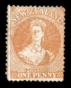 1d. orange-vermilion, good color and with very light indistinct cancellation which has been applied in red and hence is difficult to identify horizontal crease at center and
inclusion at upper right though of good appearance for this rare stamp.