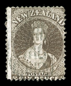 6d. black-brown, two contrasting shades, one cancelled otago in bars, the other with indistinct numeral obliterator sound. Sc. 24a S.G. 93, £800.