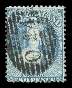 2d. dull deep blue, two examples, one cancelled 024 at Manuherikia Junction (Goldfield D), the other cancelled 25 at Queenstown, both fine strikes. Sc. 26 S.G. 96a,
£950.