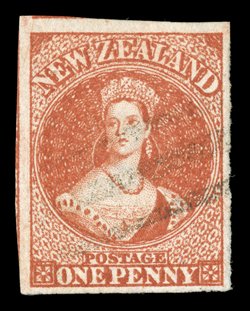 1d. carmine-vermilion, large to very large margins and showing traces of two adjoining stamps, light widely spaced bars cancellation very fine. Holcombe Opinion (1991). Sc. 27
S.G. 97, £350.