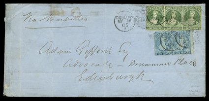 1865 (18 May) 1oz.-2oz. rate envelope (222x101mm) from Dunedin VIA MARSEILLES to Edinburgh, bearing 1- green horizontal strip of three with good to large margins all round and
in combination with 1864-67 perf. 12½ 2d. pale blue (Plate I, w