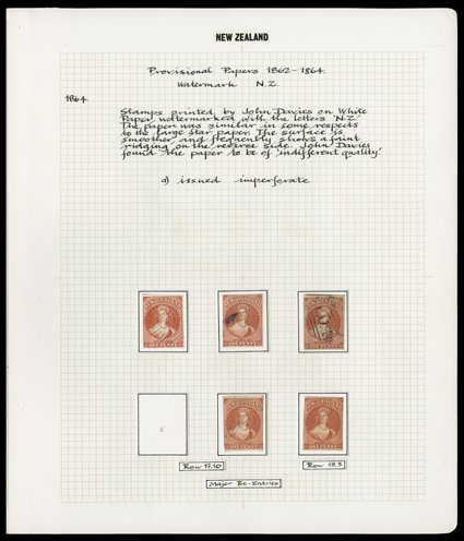 The balance of the issue, comprising 1d. carmine-vermilion (5, two with re-entries and one (repaired) cancelled A.O.4), 2d. pale blue (7, four with Maori War cancellations and
one deckle edge at left with marginal line watermark), 6d. red-bro