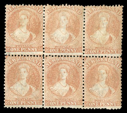 1d. pale orange-vermilion, a line perf. block of six (3x2), Rows 11-122-4, with Row 113 showing re-entry, large part original gum two pulled perfs. at foot, otherwise fine
also a rejoined pair in a deep orange shade, unused with part gum. R.P
